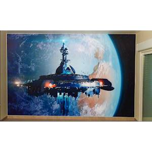 Sublimation sur toile polyester Tricotex M1. Pour une pose sur profilé PVC prévoir une finition brute de coupe avec une fond perdu.